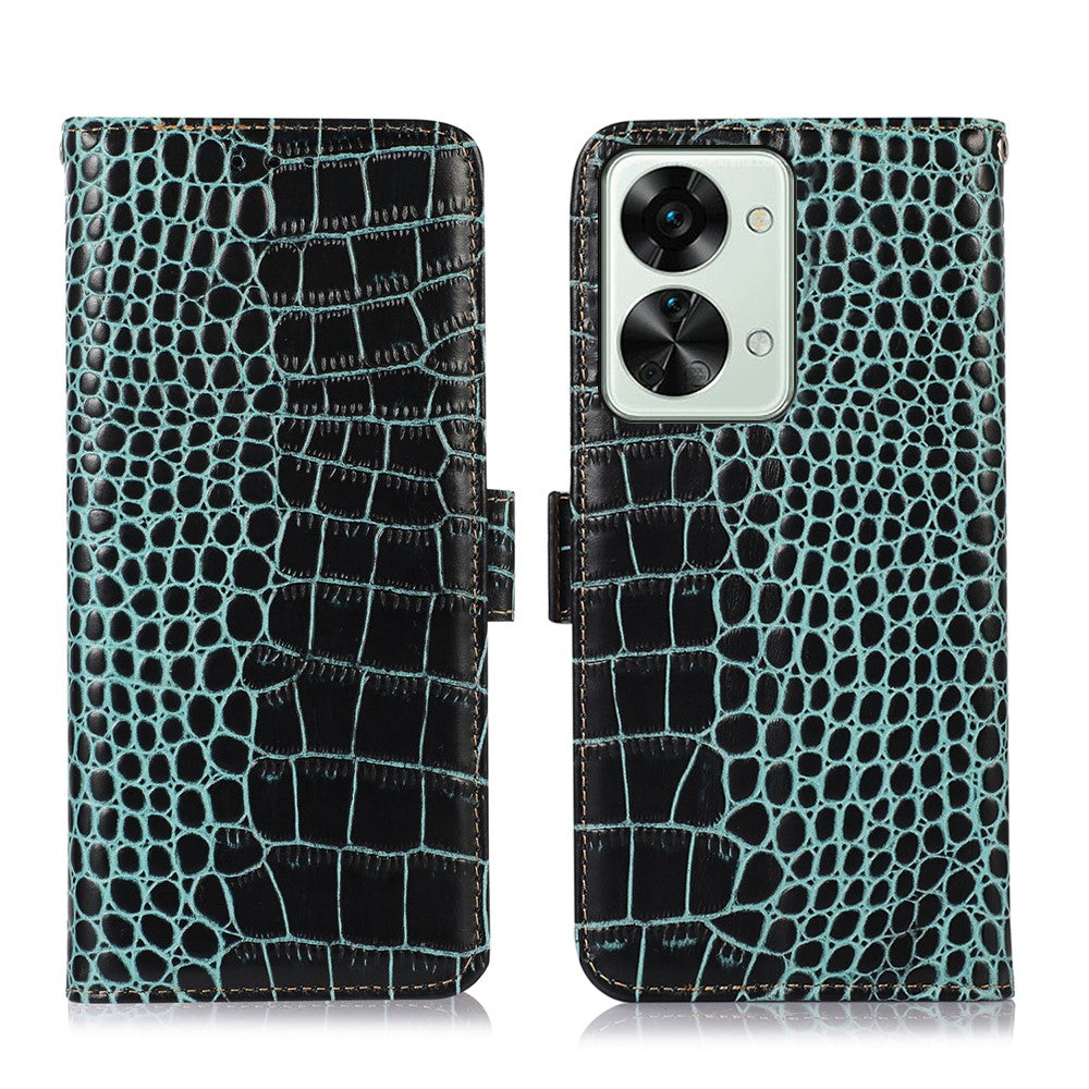 Til OnePlus Nord 2T 5G Ægte Koskind Læder Folio Flip Cover Skal Krokodille Tekstur RFID Blokerende Stativ Magnetisk Lukning Pung Etui