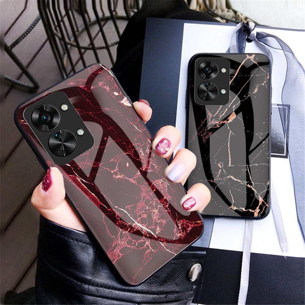 OnePlus Nord 2T 5G Härdat Glas + PC Baksida TPU Ram Hybrid Skal Marmor Mönster Stötsäkert Reptåligt mobilskal