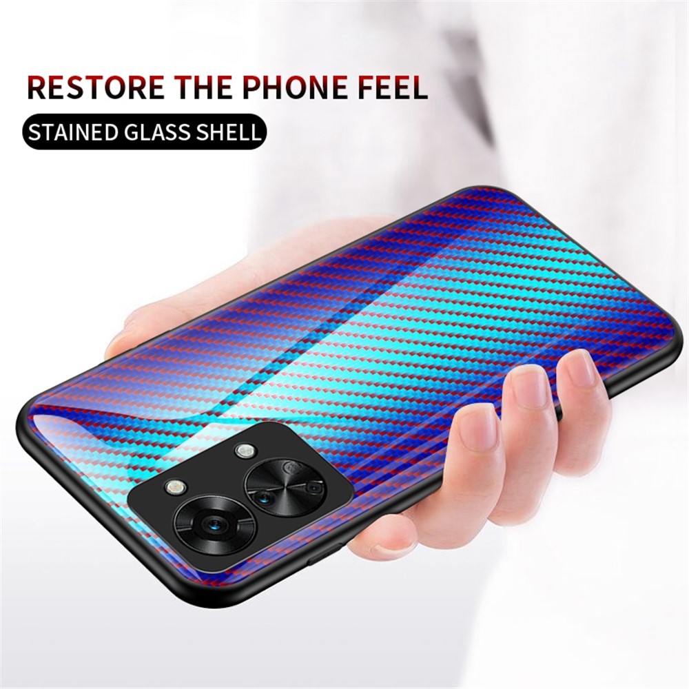 OnePlus Nord 2T 5G-skal med kulfiberstruktur, støddæmpende beskyttelse, hærdet glas, hård PC, blød TPU og faldsikring
