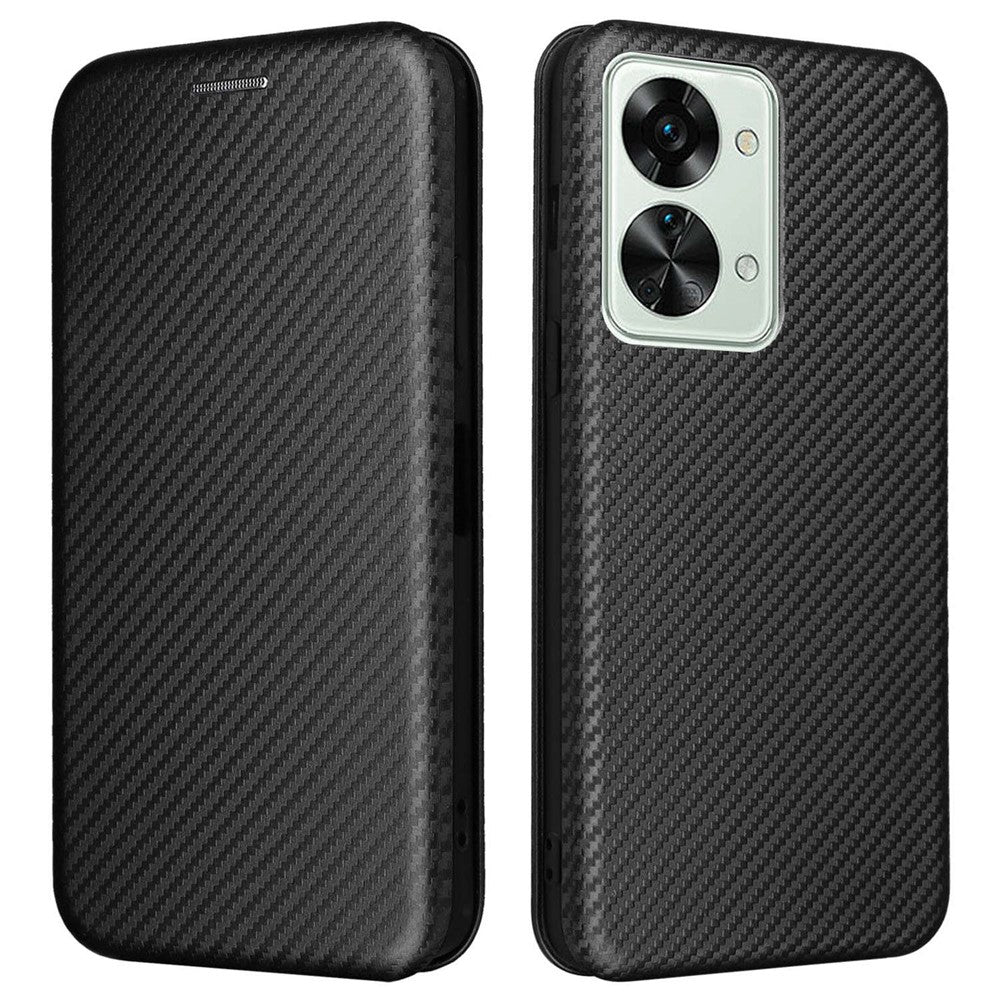 OnePlus Nord 2T 5G magnetisk selvhæftende slidbestandigt etui med kulfibertekstur, PU-læder, støttefod, kortholder og multifunktion