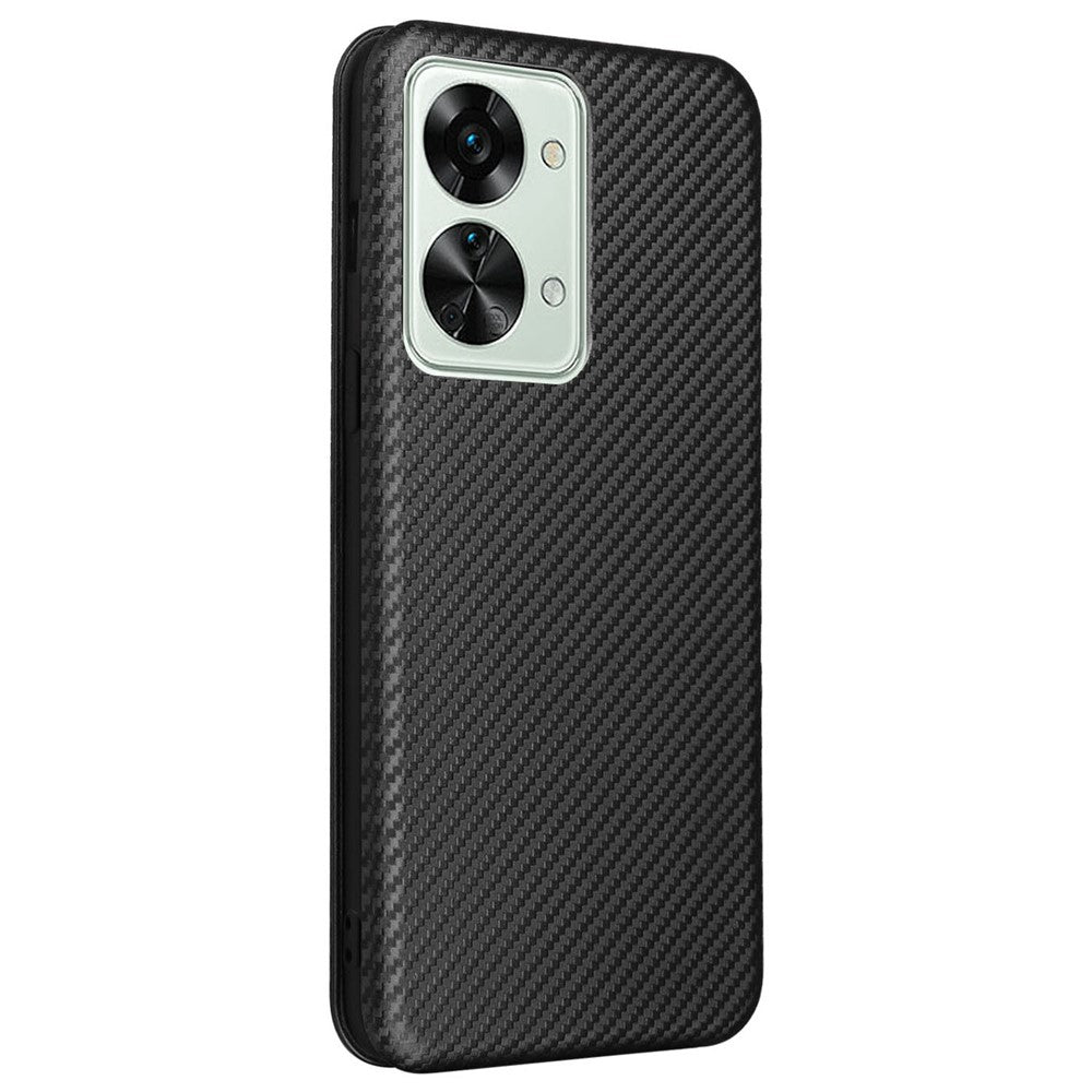 OnePlus Nord 2T 5G magnetisk selvhæftende slidbestandigt etui med kulfibertekstur, PU-læder, støttefod, kortholder og multifunktion