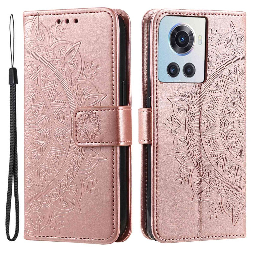 OnePlus 10R 5G/Ace 5G Reptåligt stativfodral Mandala Blommönster Präglat PU-läder Plånboksfodral med handledsrem