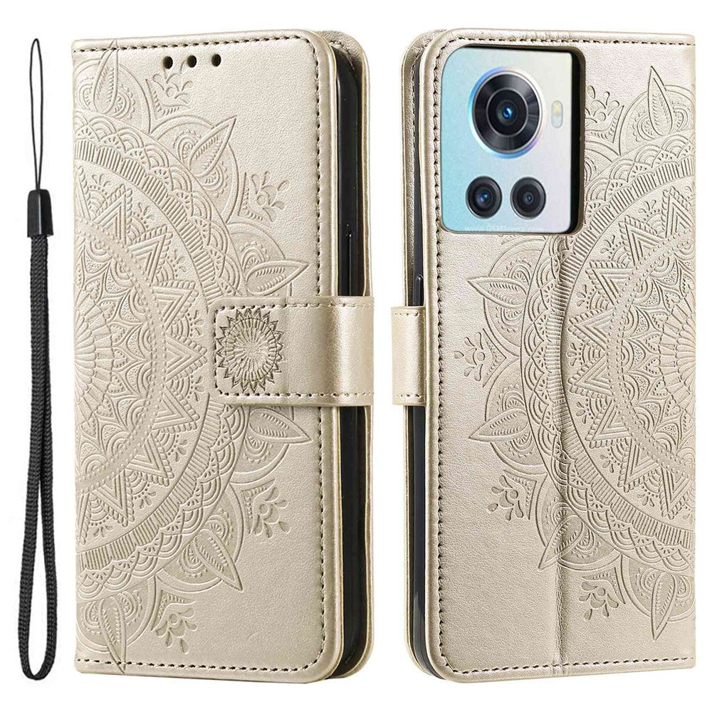 OnePlus 10R 5G/Ace 5G Reptåligt stativfodral Mandala Blommönster Präglat PU-läder Plånboksfodral med handledsrem
