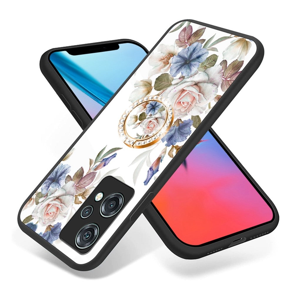 OnePlus Nord CE 2 Lite 5G Precisionsutskuret Blommönster Tryck mobilskal TPU + PC + Härdat Glas Hybrid Skal med Stativ