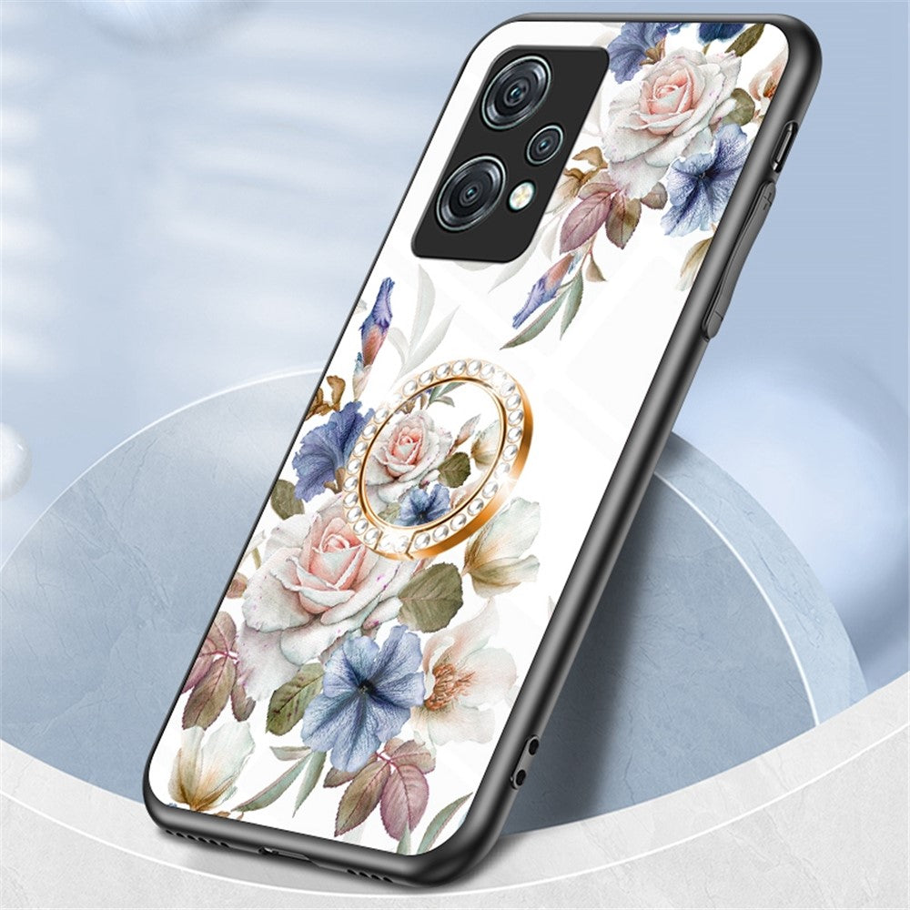 OnePlus Nord CE 2 Lite 5G Precisionsutskuret Blommönster Tryck mobilskal TPU + PC + Härdat Glas Hybrid Skal med Stativ