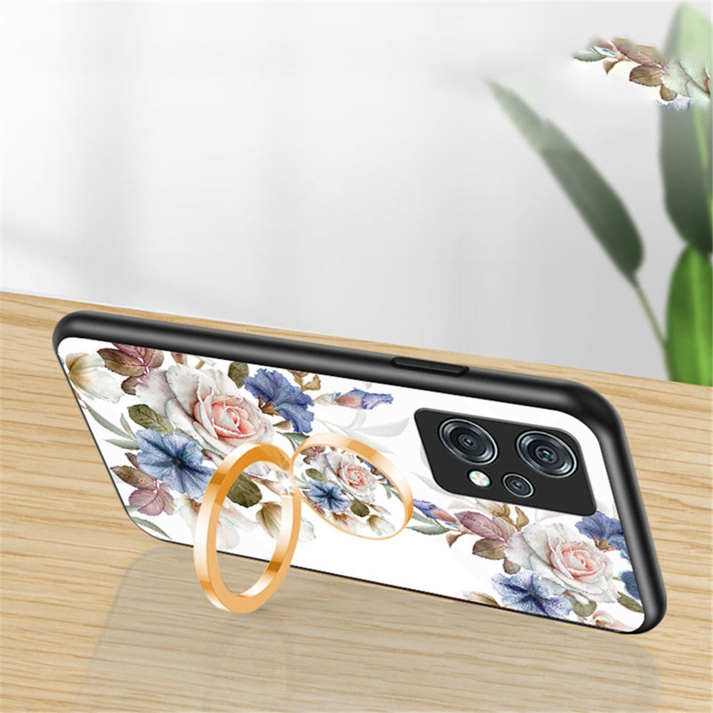 OnePlus Nord CE 2 Lite 5G Precisionsutskuret Blommönster Tryck mobilskal TPU + PC + Härdat Glas Hybrid Skal med Stativ