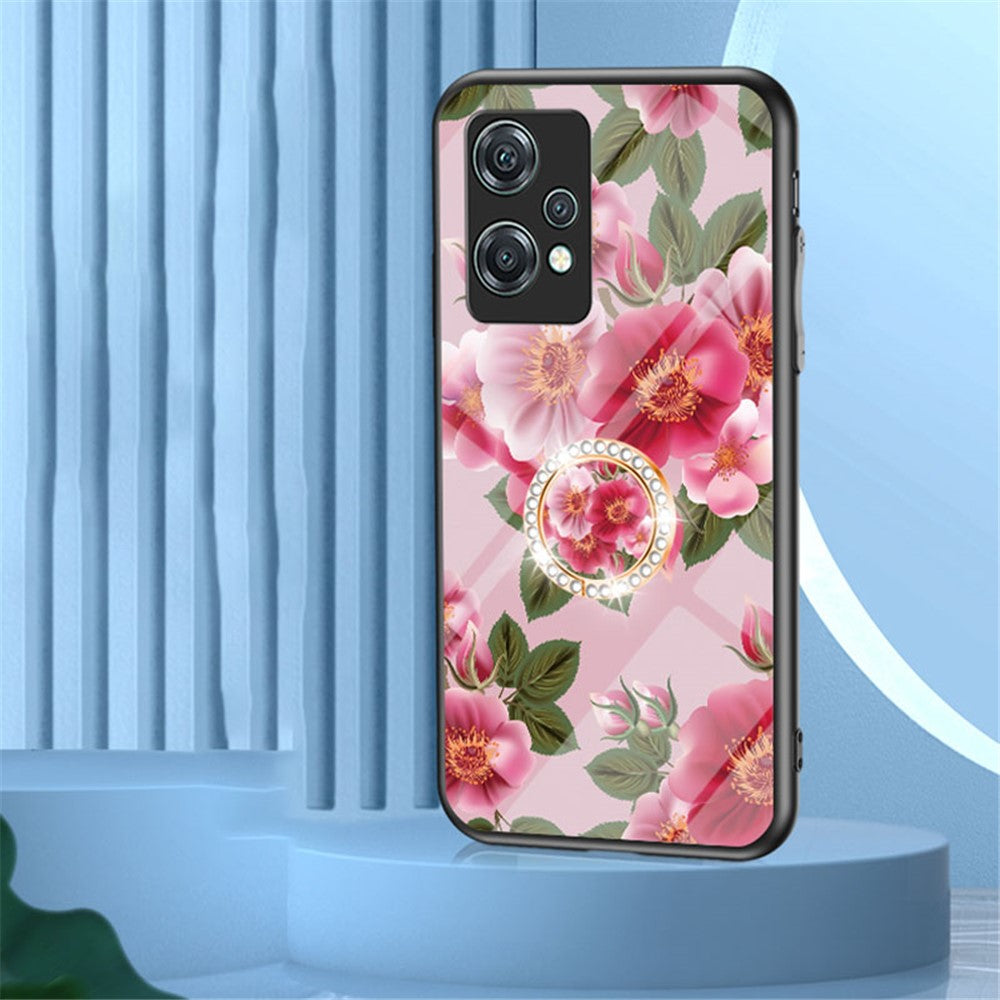 OnePlus Nord CE 2 Lite 5G Precisionsutskuret Blommönster Tryck mobilskal TPU + PC + Härdat Glas Hybrid Skal med Stativ