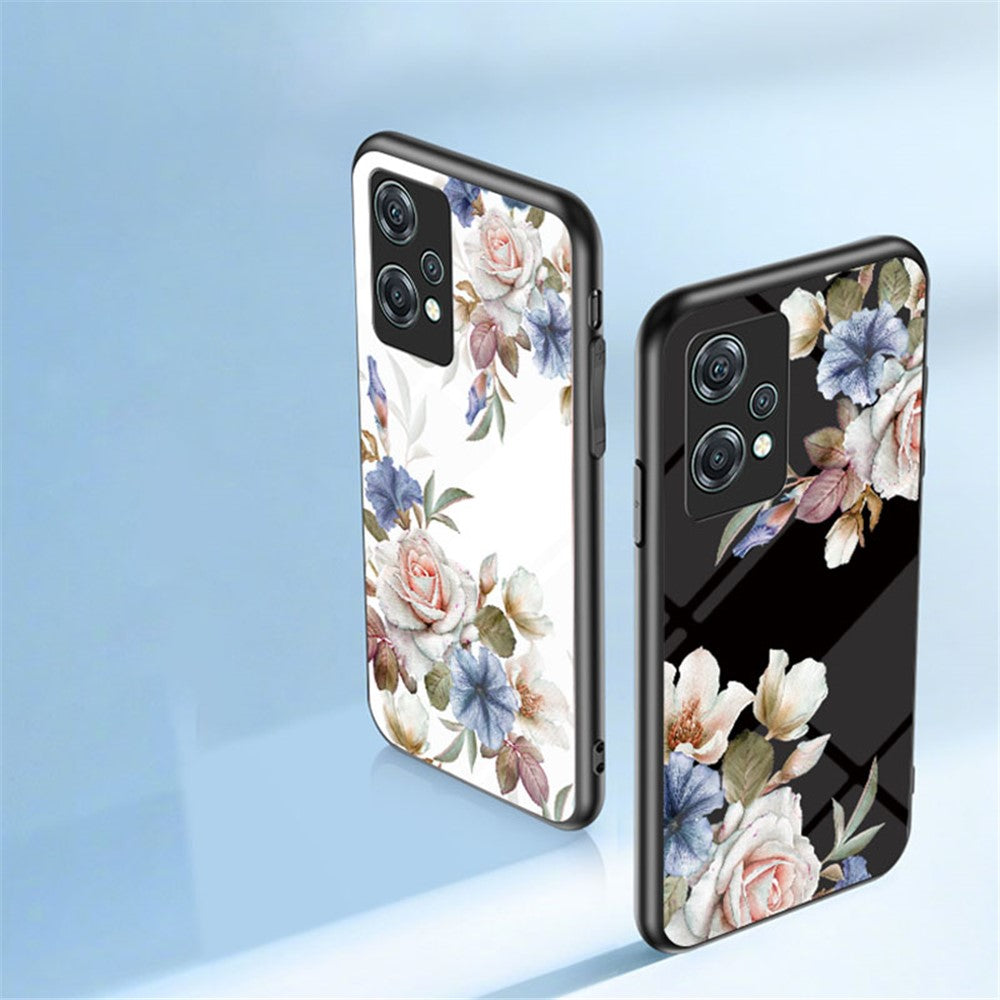 OnePlus Nord CE 2 Lite 5G Precisionsutskuret Blommönster Tryck mobilskal TPU + PC + Härdat Glas Hybrid Skal med Stativ