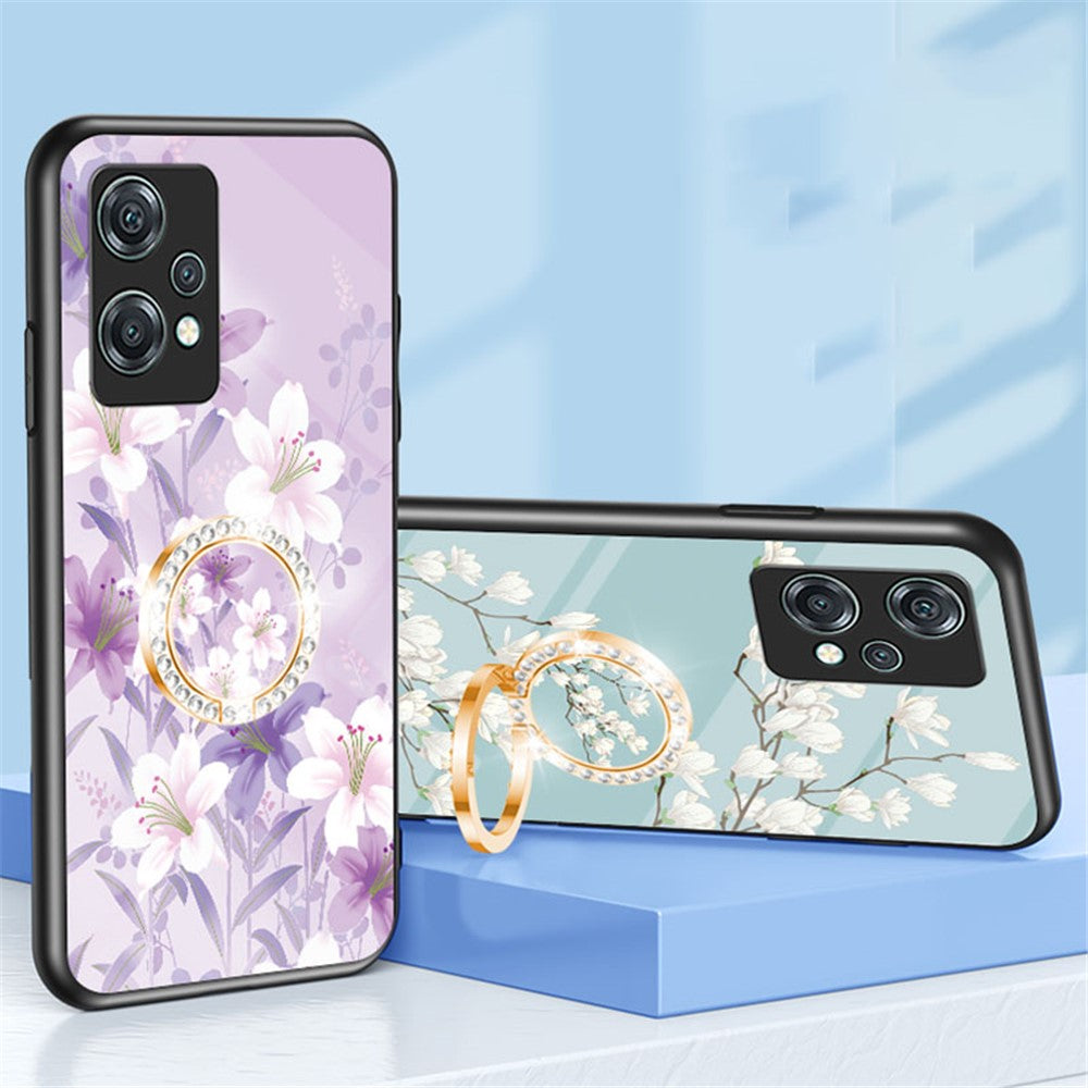 OnePlus Nord CE 2 Lite 5G Precisionsutskuret Blommönster Tryck mobilskal TPU + PC + Härdat Glas Hybrid Skal med Stativ