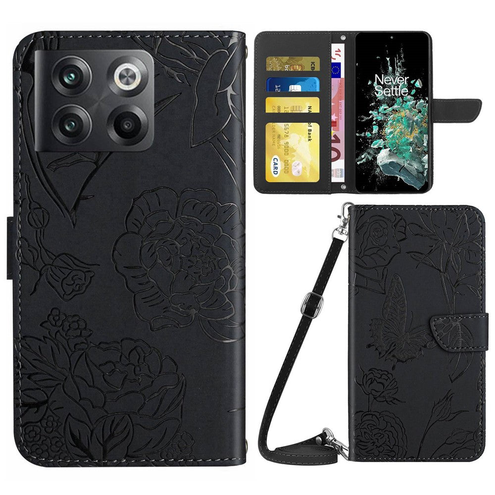 OnePlus 10T 5G / Ace Pro 5G Skin-touch magnetiskt läderfodral med folio- och flipdesign, fjärilsblommor, prägling, stativ, plånboksfodral och axelrem