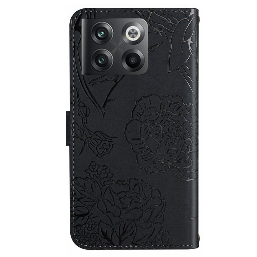 OnePlus 10T 5G / Ace Pro 5G Skin-touch magnetiskt läderfodral med folio- och flipdesign, fjärilsblommor, prägling, stativ, plånboksfodral och axelrem