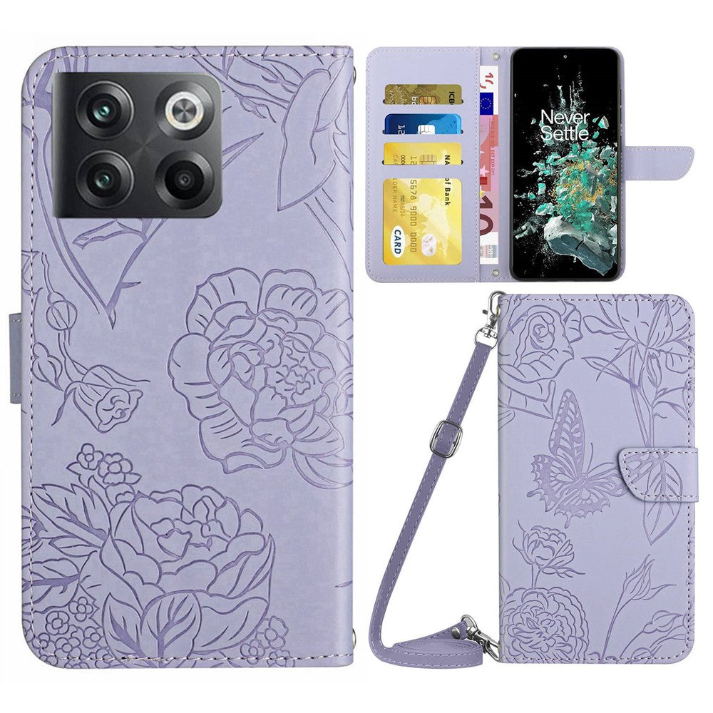 OnePlus 10T 5G / Ace Pro 5G Skin-touch magnetiskt läderfodral med folio- och flipdesign, fjärilsblommor, prägling, stativ, plånboksfodral och axelrem
