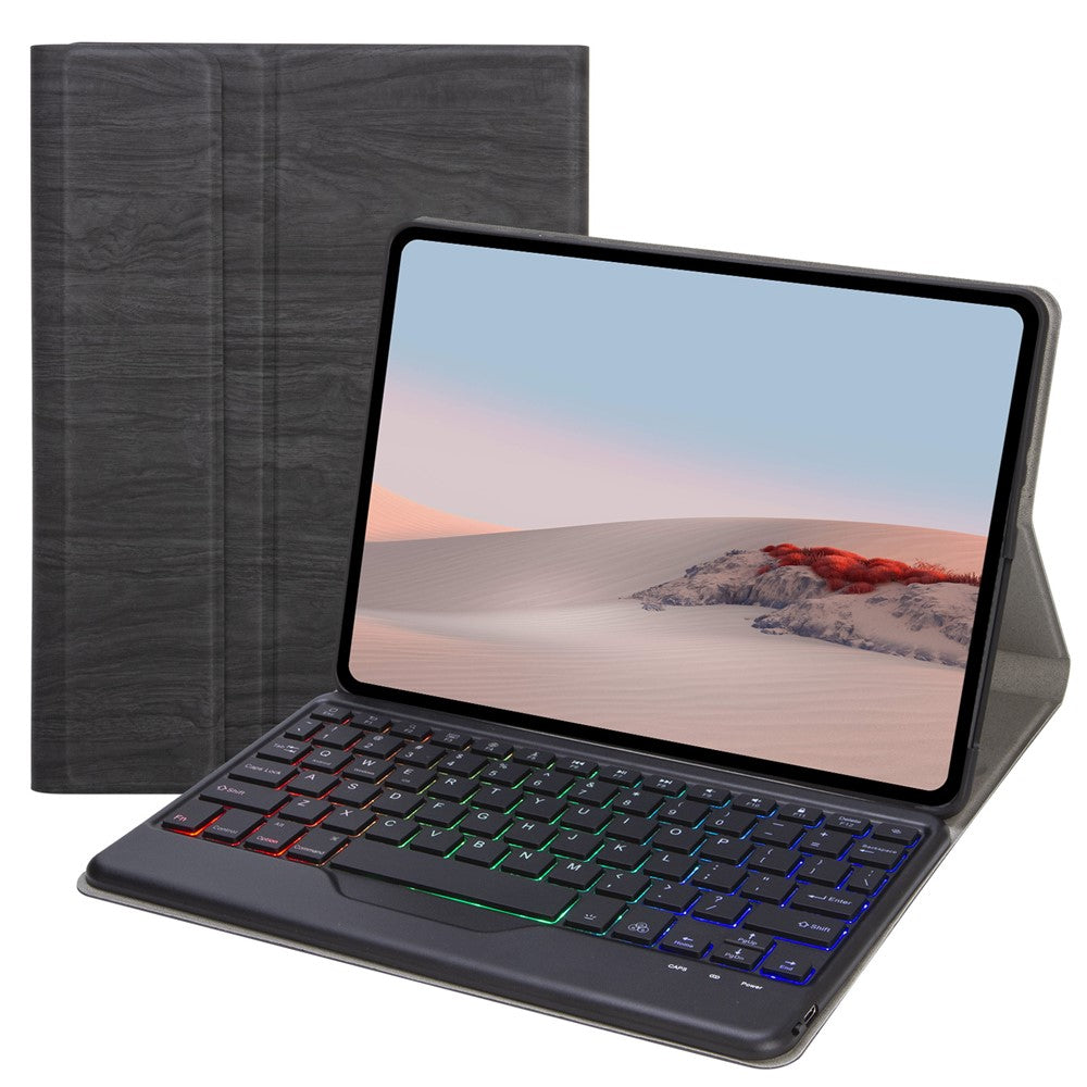 For Microsoft Surface Go/Go 2/Go 3 Three Colors Backlit Bluetooth-compatible 5.0 Keyboard + Wood Texture PU Leather Outer Cover Set Detachable Keyboard Slim Leather Folio Smart Cover