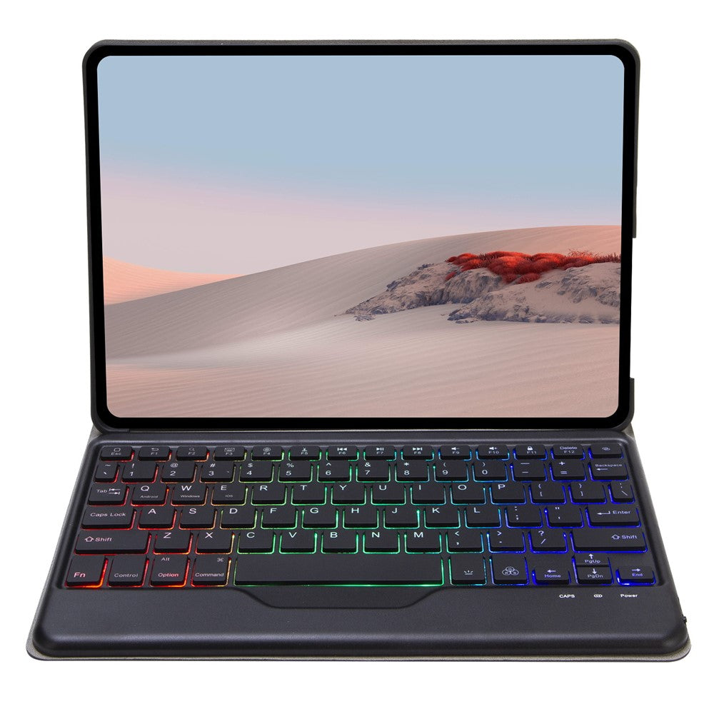For Microsoft Surface Go/Go 2/Go 3 Three Colors Backlit Bluetooth-compatible 5.0 Keyboard + Wood Texture PU Leather Outer Cover Set Detachable Keyboard Slim Leather Folio Smart Cover