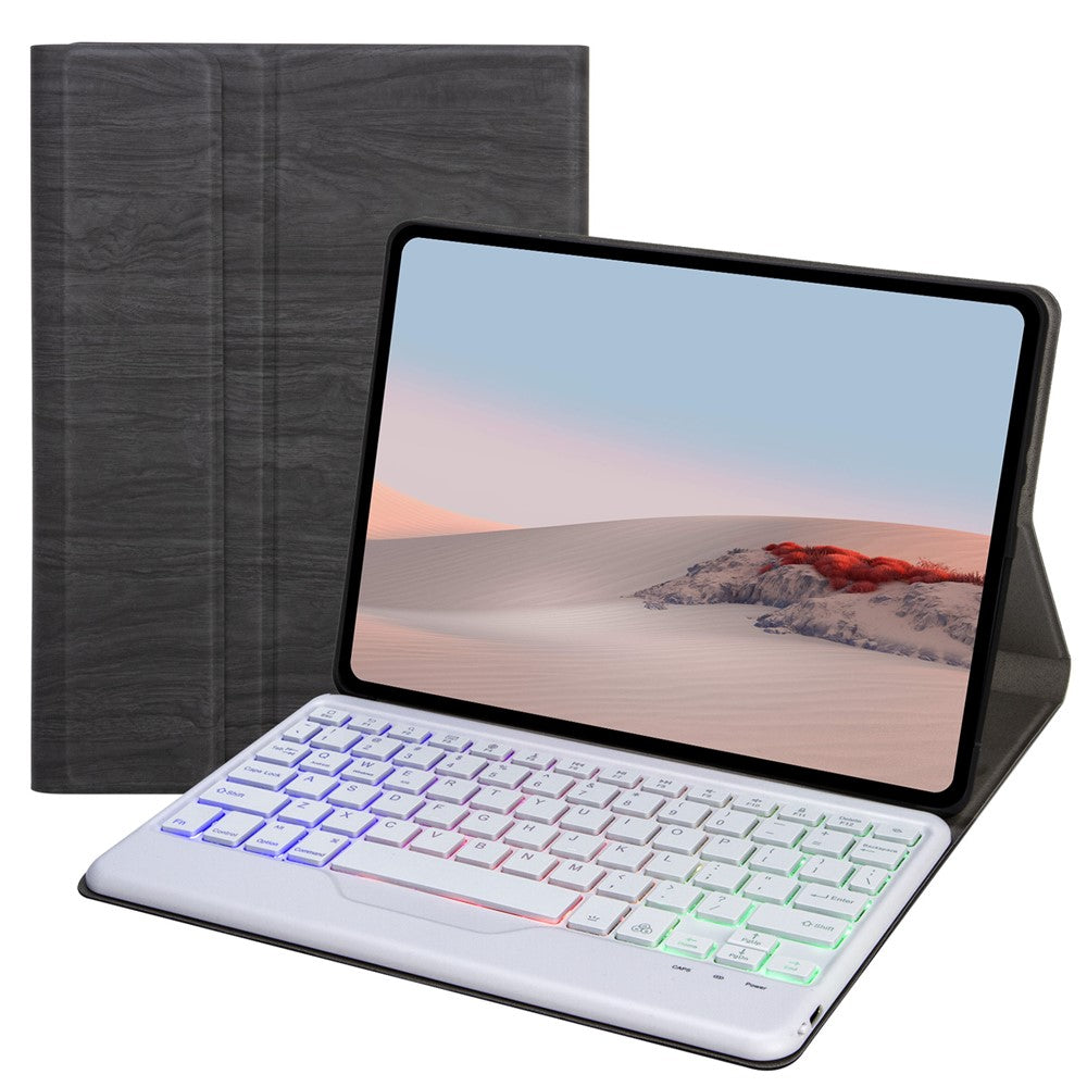 For Microsoft Surface Go/Go 2/Go 3 Three Colors Backlit Bluetooth-compatible 5.0 Keyboard + Wood Texture PU Leather Outer Cover Set Detachable Keyboard Slim Leather Folio Smart Cover