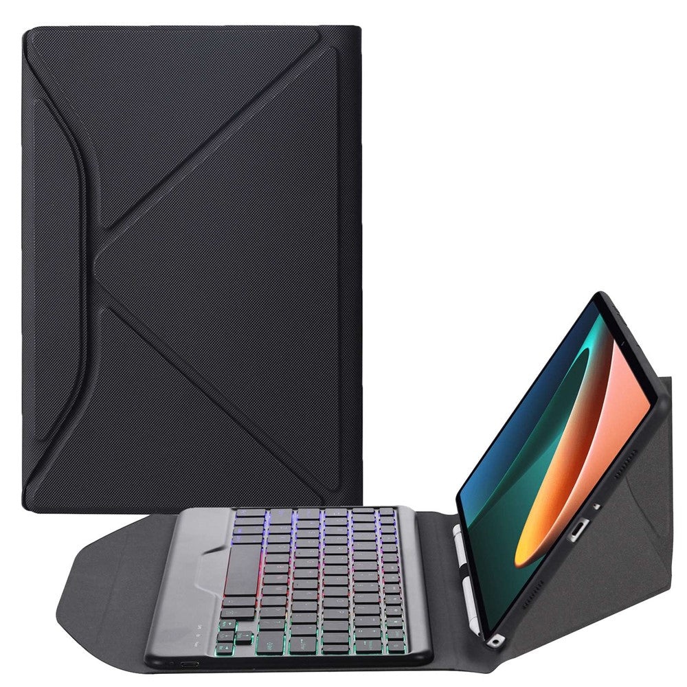 B0N5S For Xiaomi Pad 5/5 Pro Bluetooth-compatible Keyboard Case Backlit Wireless Keyboard Tablet Leather Cover + TPU Back Shell with Triangle Stand