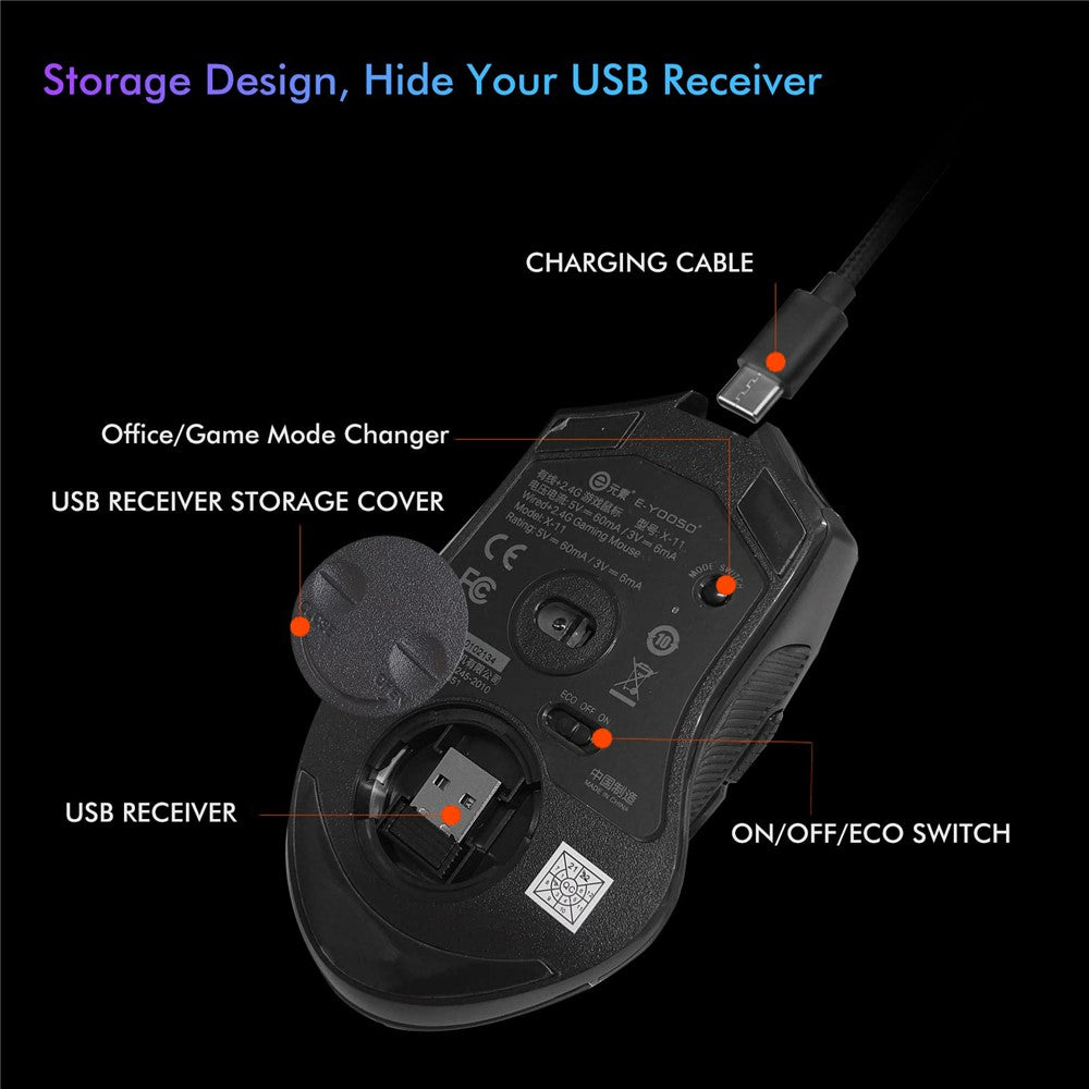 E-YOOSO X11 USB Wired+2.4G Wireless Gaming Mouse Ergonomic Design for Mac / PC / Laptop