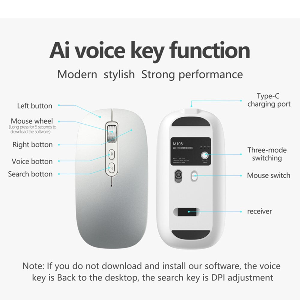 M108 AI Smart Voice Mouse 10m Wireless Rechargeable 5-Key Mouse for Windows Mac