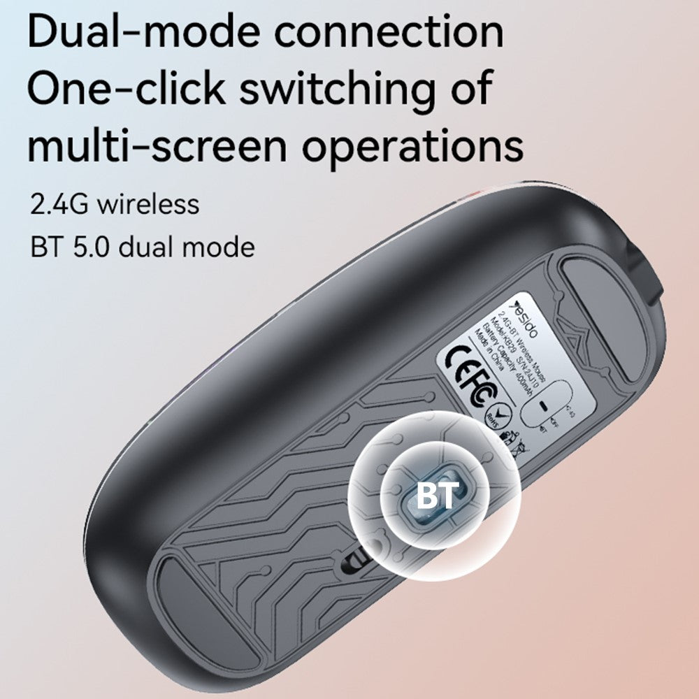 YESIDO KB29 Transparent Mouse 800 / 1200 / 1600 DPI 2.4G + Bluetooth-Compatible Dual Mode Wireless Mice