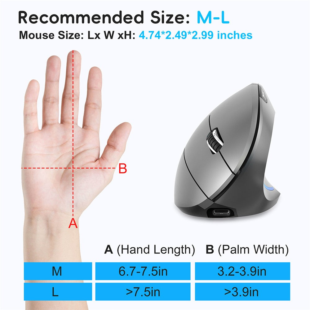 HXSJ Ergonomic Vertical Mouse 2.4G + Bluetooth-Compatible 5.1 Dual Mode 2400DPI Silent Mouse