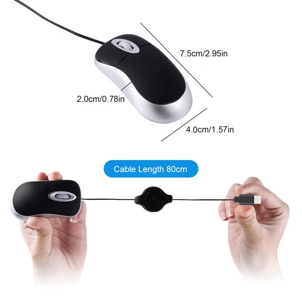 Portable Retractable USB-C Cable Mini Mouse Children Compact Wired Optical Mouse