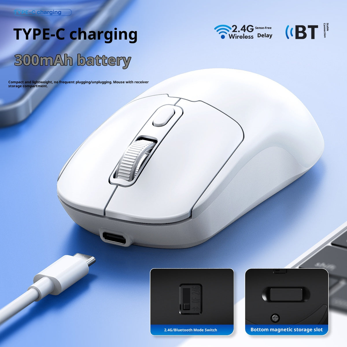 T-WOLF Q3 Wireless Mouse Dual Mode 1600 DPI 4 Buttons Rechargeable Silent Mouse for Laptop / Desktop / Tablet