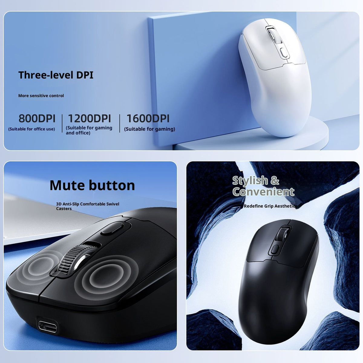 T-WOLF Q3 Wireless Mouse Dual Mode 1600 DPI 4 Buttons Rechargeable Silent Mouse for Laptop / Desktop / Tablet