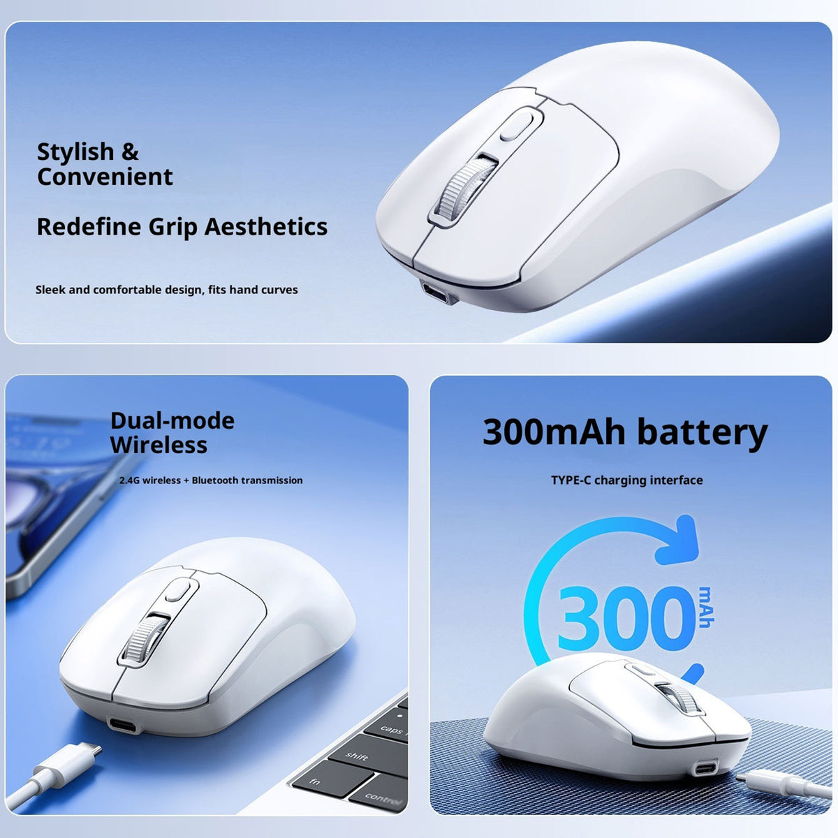 T-WOLF Q3 Wireless Mouse Dual Mode 1600 DPI 4 Buttons Rechargeable Silent Mouse for Laptop / Desktop / Tablet