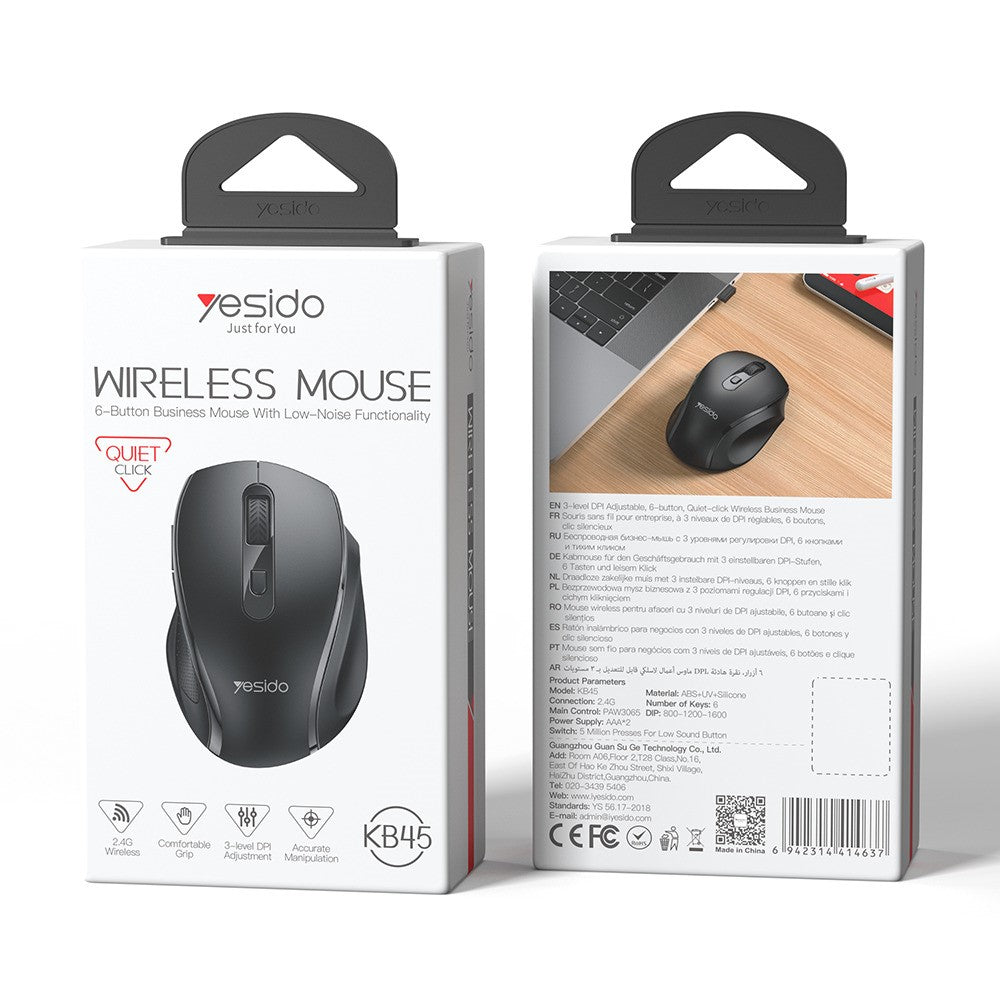 YESIDO KB45 2.4G Wireless Quiet Business Mouse 6 Buttons 4 DPI Wide Side Rest Precise Tracking for Windows  /  Mac  /  Android
