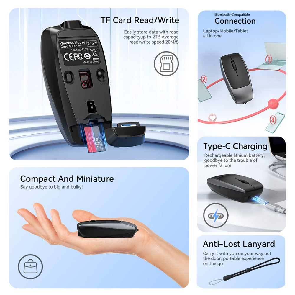 HXSJ M109 2-in-1 For Windows / MacOS / Linux 3 DPI Adjustable Bluetooth-compatible Wireless Mouse TF Card Reader