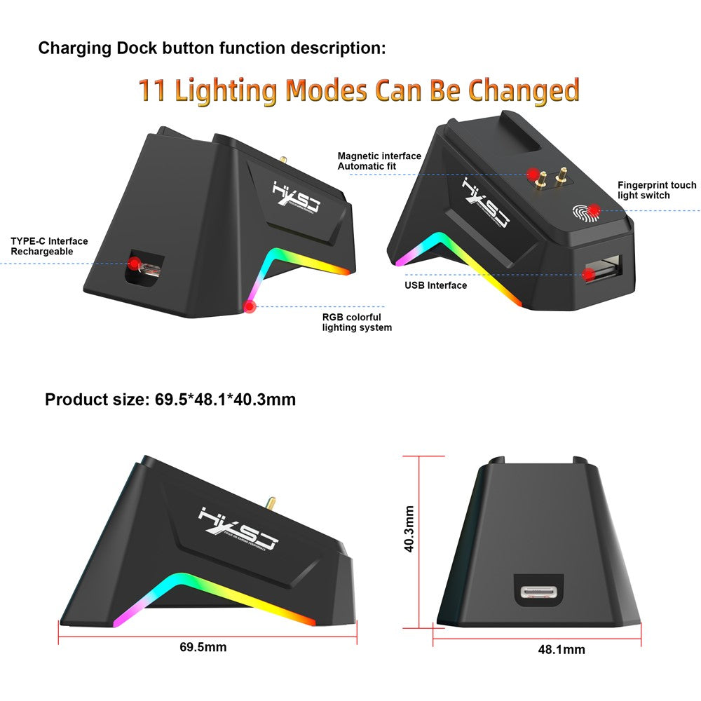 HXSJ T90 Pro 3-Mode Connection Gaming Mouse with Charging Dock Wireless RGB Backlight Silent Mouse for PC / Laptop