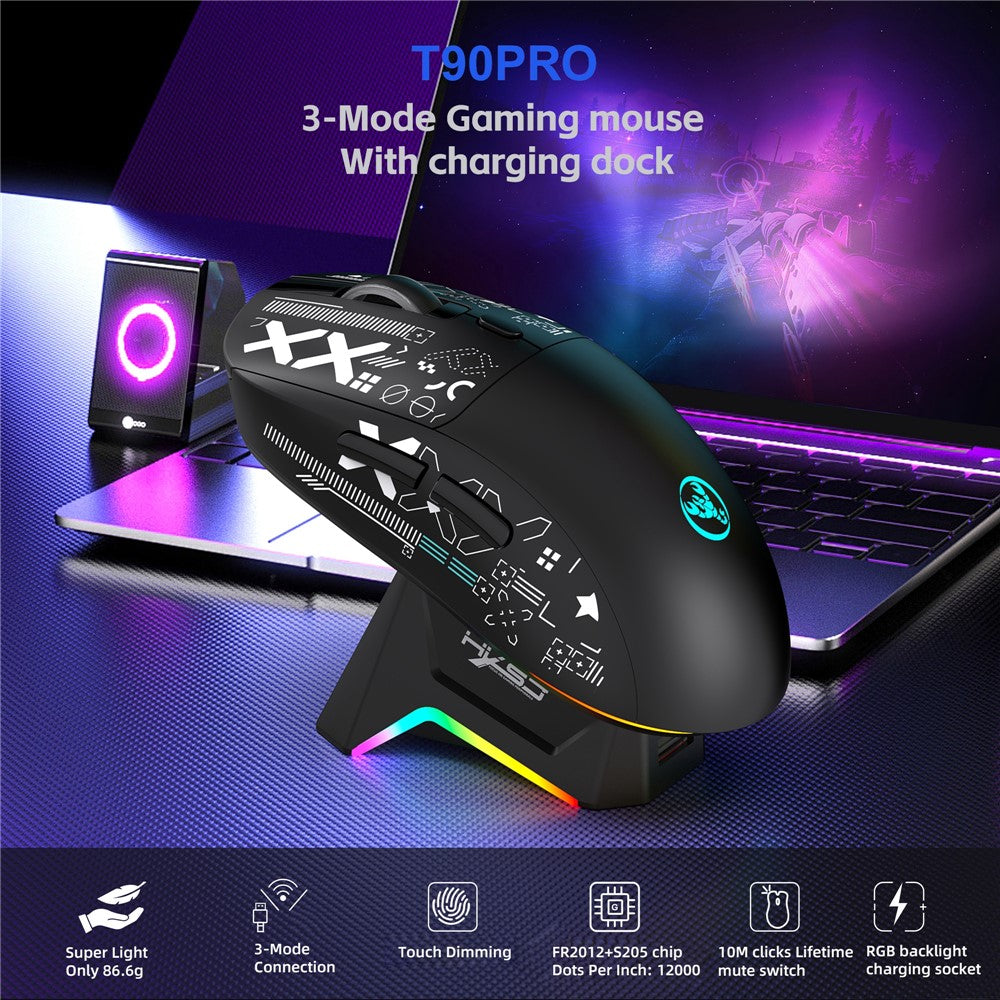 HXSJ T90 Pro 3-Mode Connection Gaming Mouse with Charging Dock Wireless RGB Backlight Silent Mouse for PC / Laptop