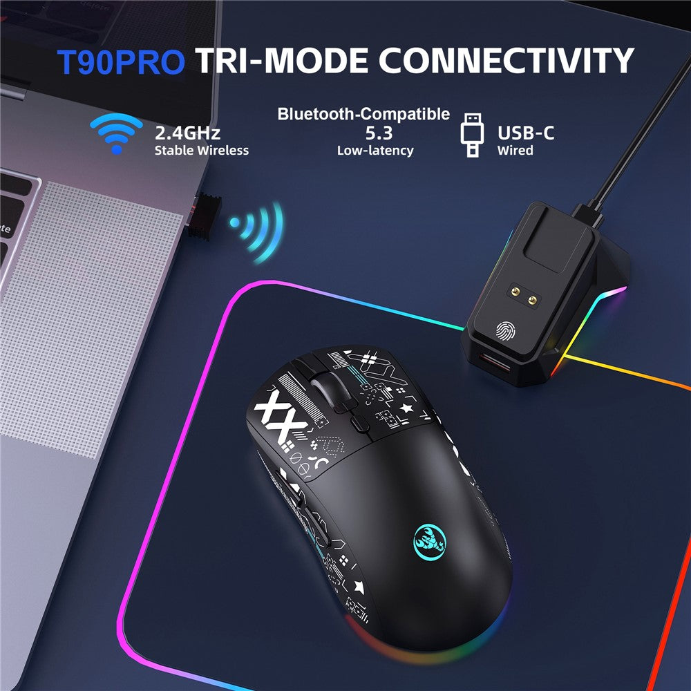 HXSJ T90 Pro 3-Mode Connection Gaming Mouse with Charging Dock Wireless RGB Backlight Silent Mouse for PC / Laptop