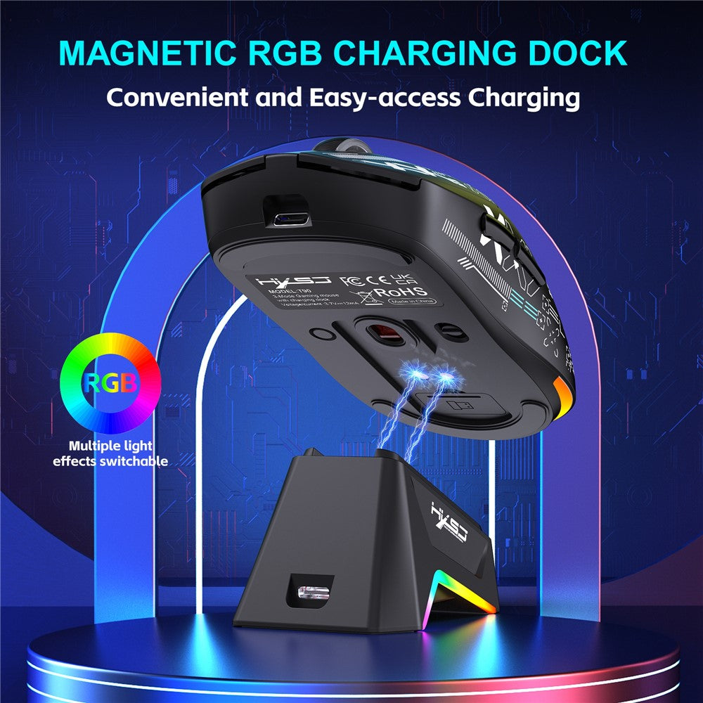 HXSJ T90 Pro 3-Mode Connection Gaming Mouse with Charging Dock Wireless RGB Backlight Silent Mouse for PC / Laptop