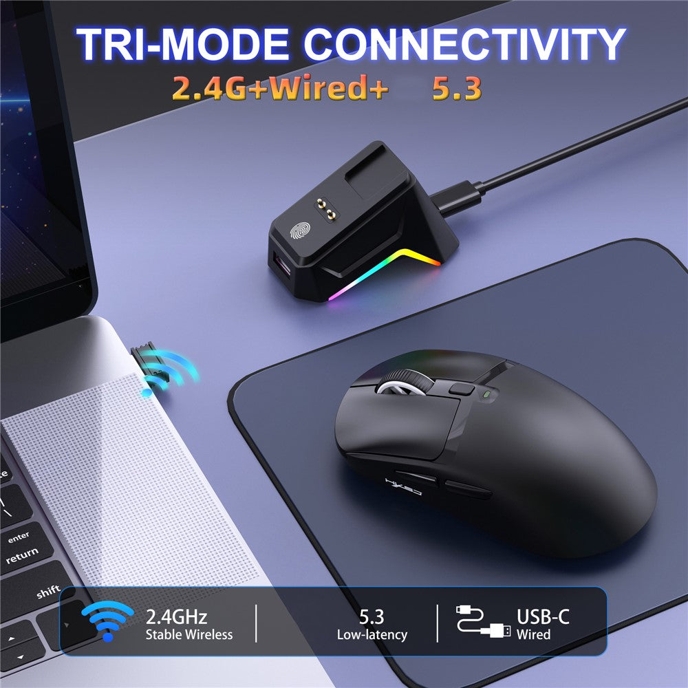 HXSJ T10 Pro Lightweight Wireless Gaming Mouse with 3-Mode Connection / Charging Dock / Macro Programmable Mouse 1KHz 12000DPI