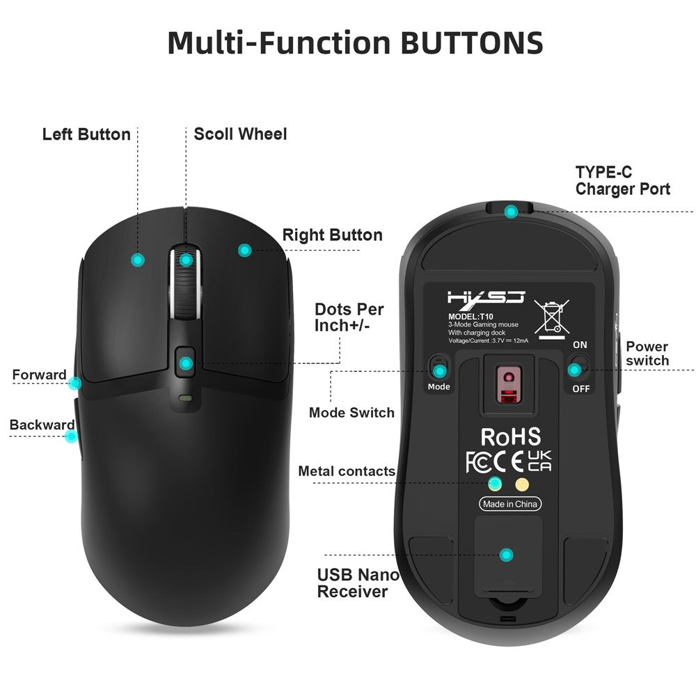 HXSJ T10 Pro Lightweight Wireless Gaming Mouse with 3-Mode Connection / Charging Dock / Macro Programmable Mouse 1KHz 12000DPI