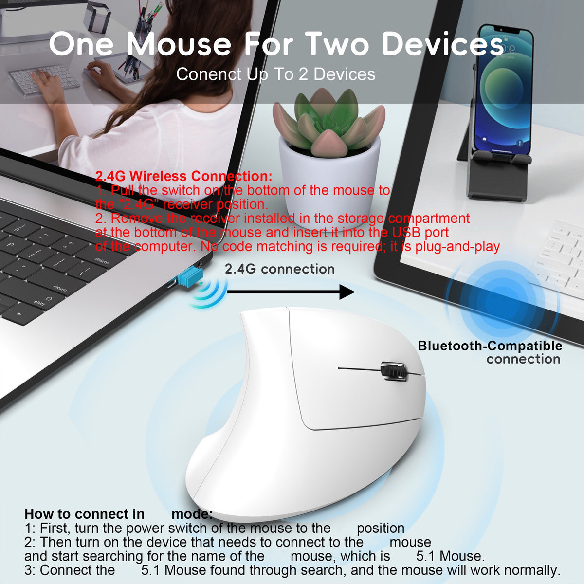 HXSJ T22 Ergonomic Vertical Mouse 2.4G/Bluetooth-compatible Dual Mode 2400DPI Adjustable Mouse