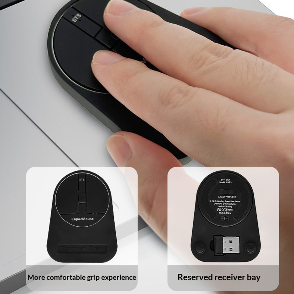 CAPACMOUSE CAP3 2400 DPI Ultra Thin Mini Mouse Pressure Sensing Triple Mode Bluetooth-compatible 2.4G Wireless Mouse