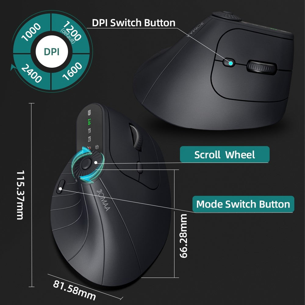 JOMAA JOM001 Wireless Vertical Mouse 2.4G  /  Bluetooth-compatible Tri-mode LED Display Ergonomic Rechargeable Mouse for Office