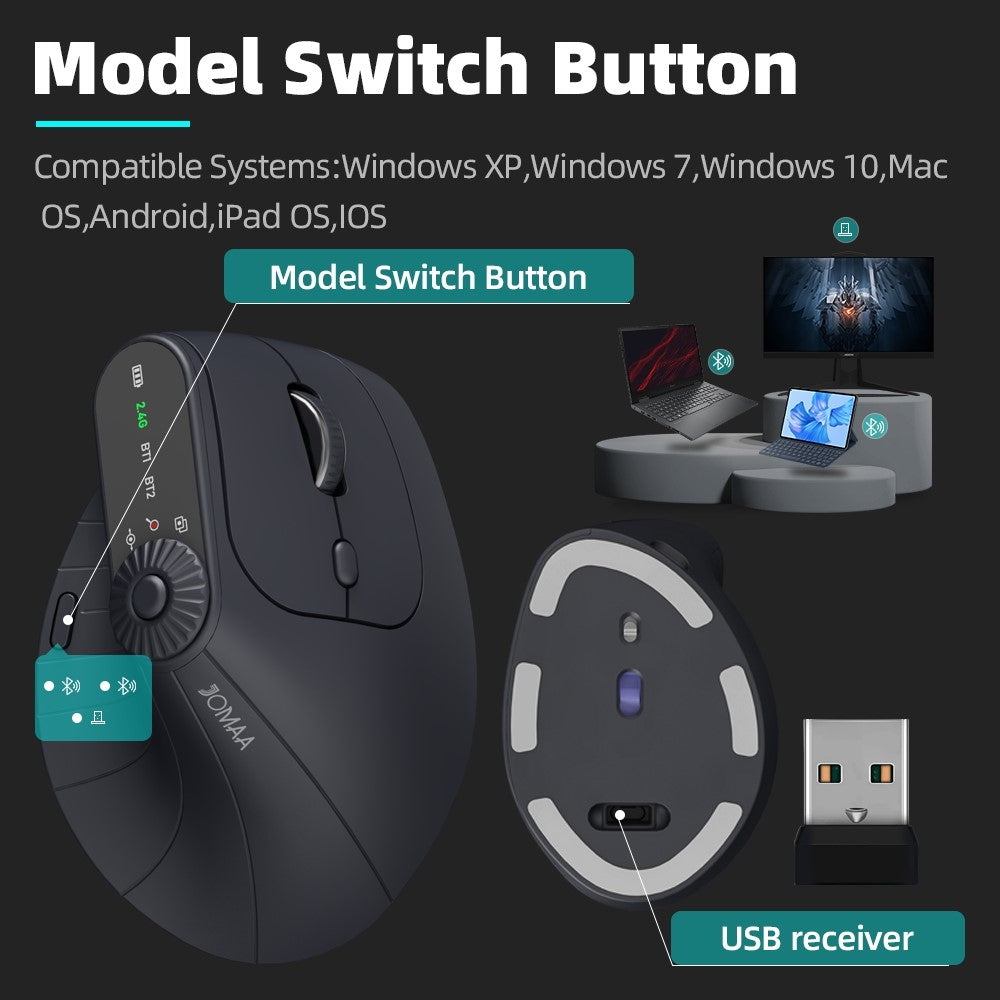 JOMAA JOM001 Wireless Vertical Mouse 2.4G  /  Bluetooth-compatible Tri-mode LED Display Ergonomic Rechargeable Mouse for Office