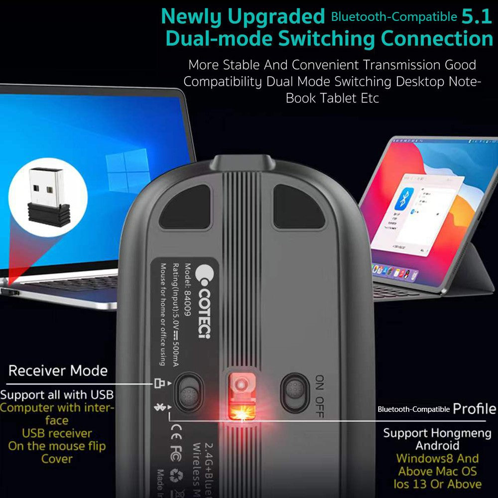 COTECI 84009 Wireless Mouse 2.4G Bluetooth-compatible 5.1 Dual Mode 4-Level DPI Mouse for Desktop Laptop