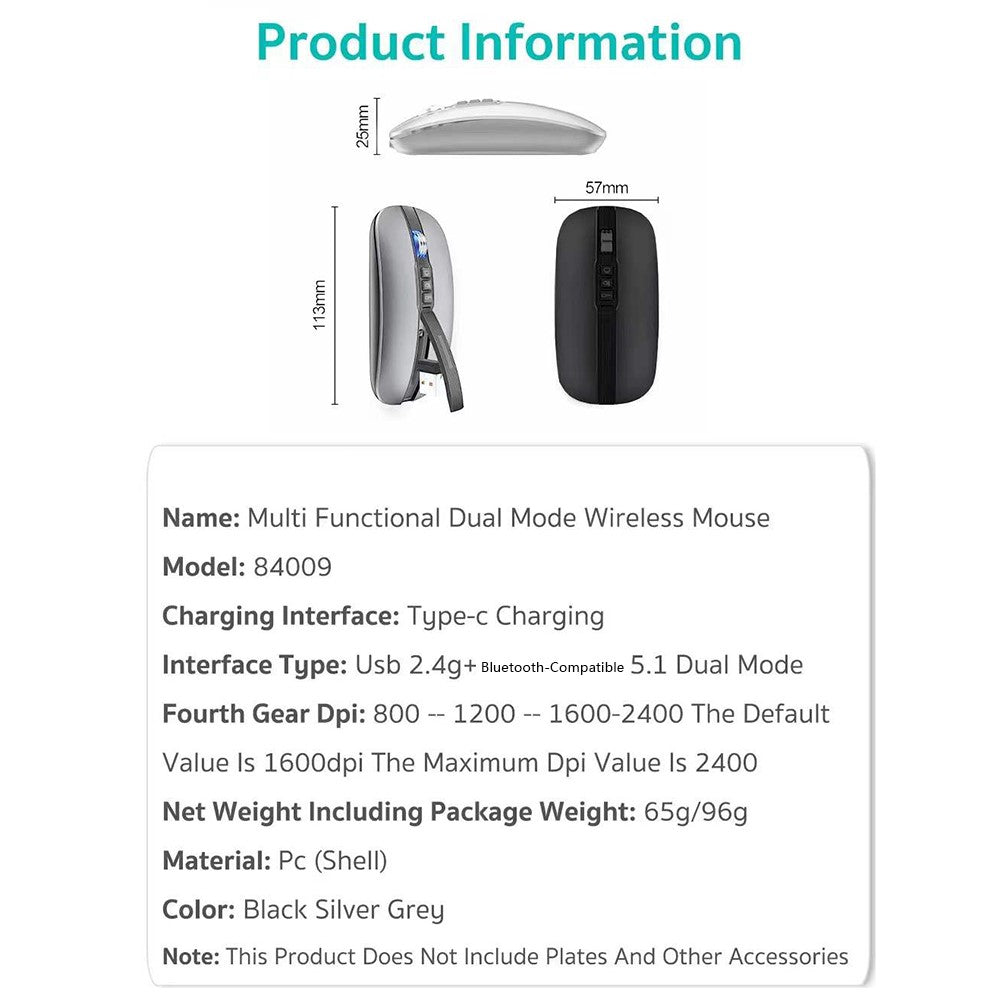 COTECI 84009 Wireless Mouse 2.4G Bluetooth-compatible 5.1 Dual Mode 4-Level DPI Mouse for Desktop Laptop