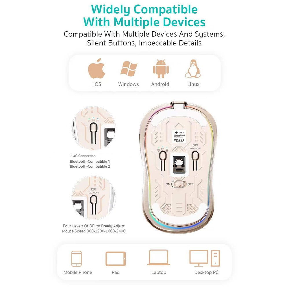 COTECI OF-005 Crystal Mouse III Transparent Wireless Mouse 2.4G Bluetooth-compatible Dual Mode