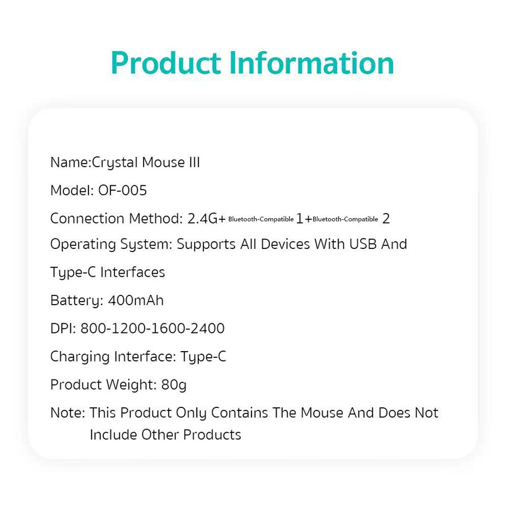 COTECI OF-005 Crystal Mouse III Transparent Wireless Mouse 2.4G Bluetooth-compatible Dual Mode