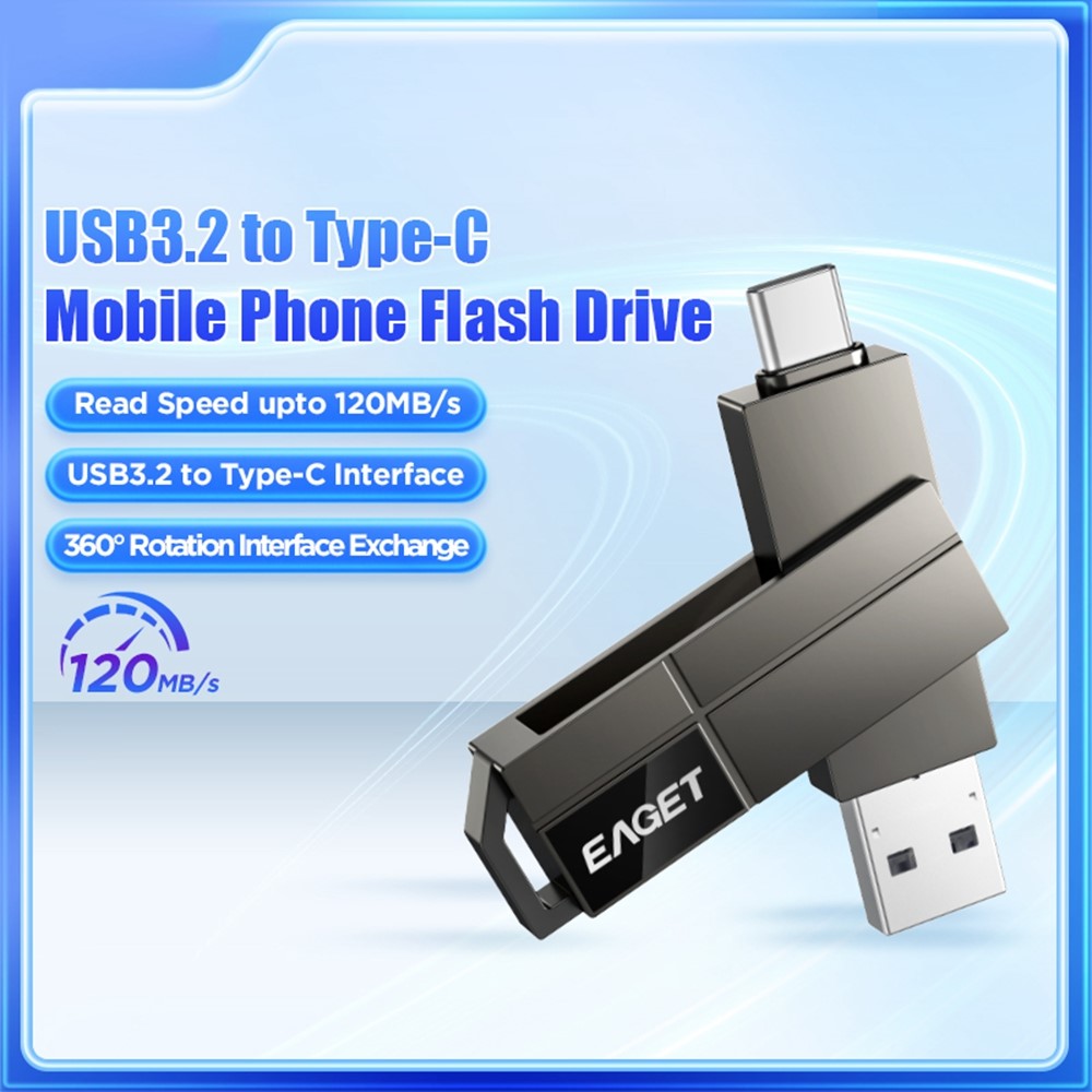 EAGET CF33 512GB USB 3.2 Type-A + Type-C 2-i-1 Flashdrev 360 Graders Roterbar Zinklegering Lagerdisk