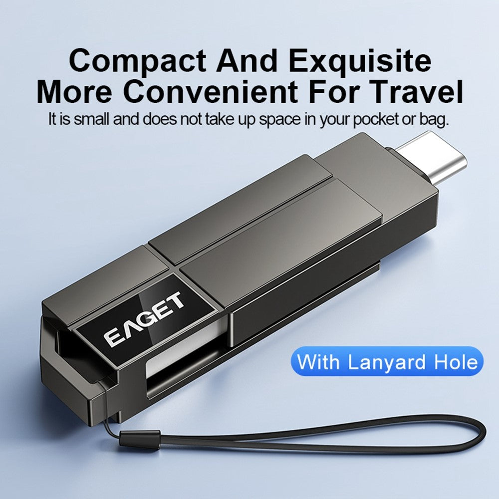 EAGET CF33 512GB USB 3.2 Type-A + Type-C 2-i-1 Flashdrev 360 Graders Roterbar Zinklegering Lagerdisk