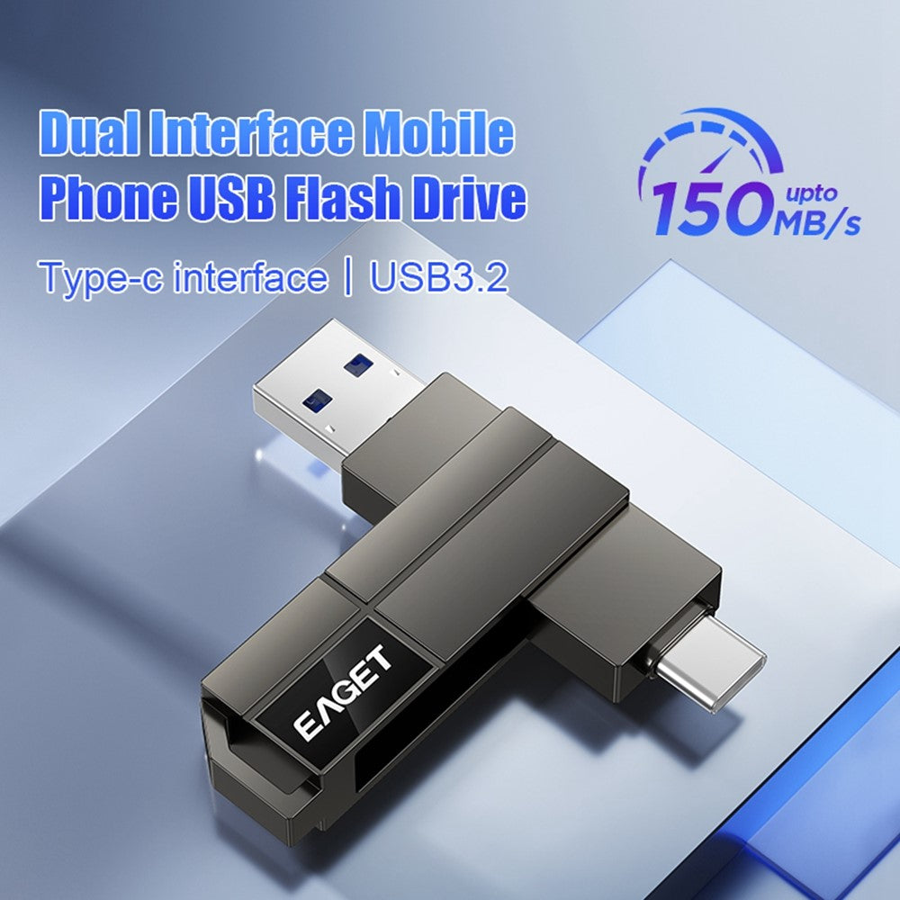 EAGET CF33 512GB USB 3.2 Type-A + Type-C 2-i-1 Flashdrev 360 Graders Roterbar Zinklegering Lagerdisk