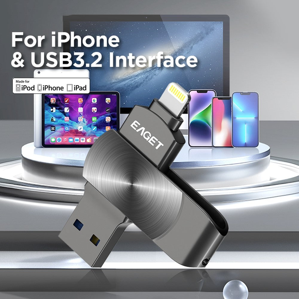 EAGET I66 64GB U Disk MFI Certificated Lightning + USB 3.2 Metal Rotating Flash Drive for iPhone iPad Mac