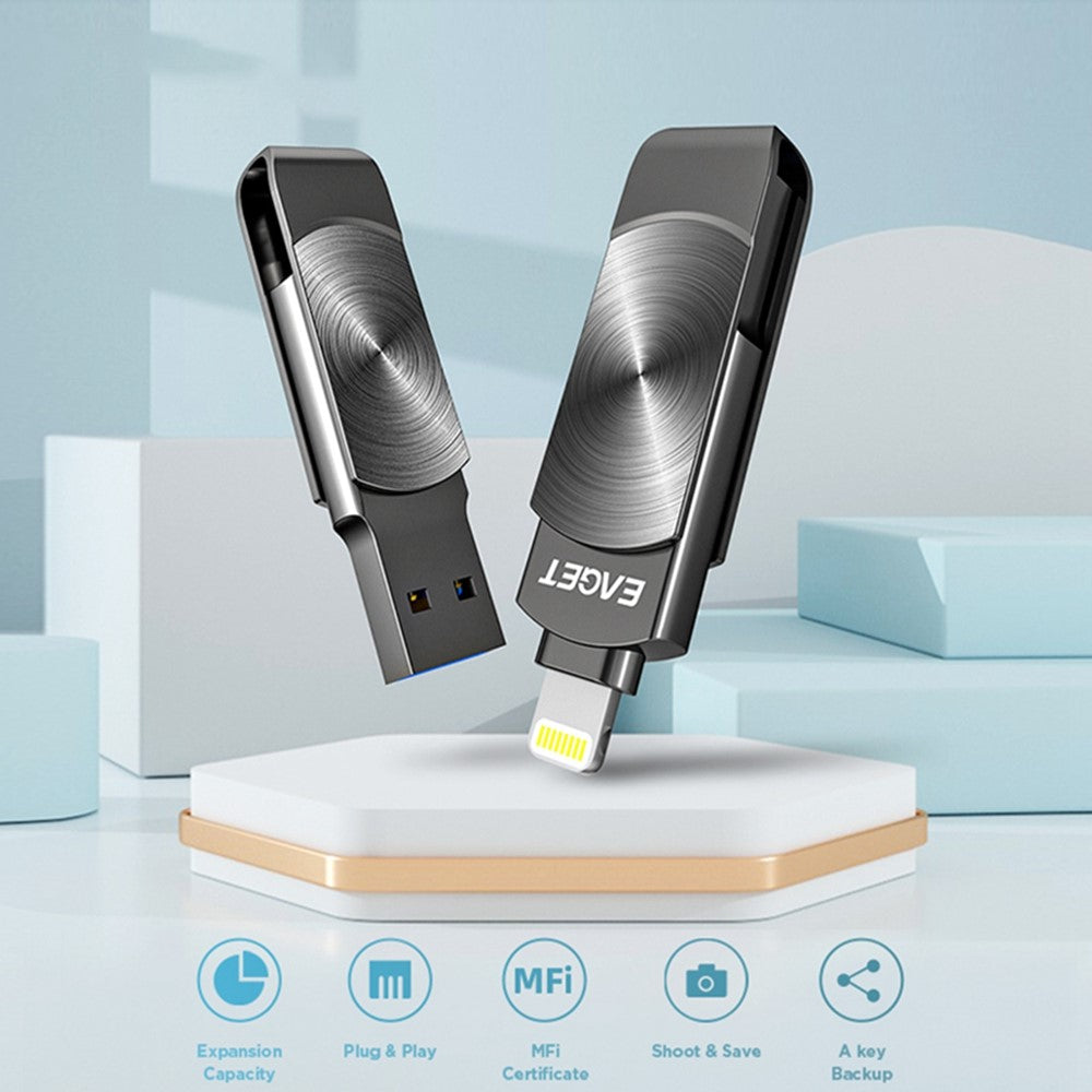 EAGET I66 128 GB U Disk MFI-certificeret Lightning + USB 3.2 Metalroterende Flashdrev til iPhone iPad Mac
