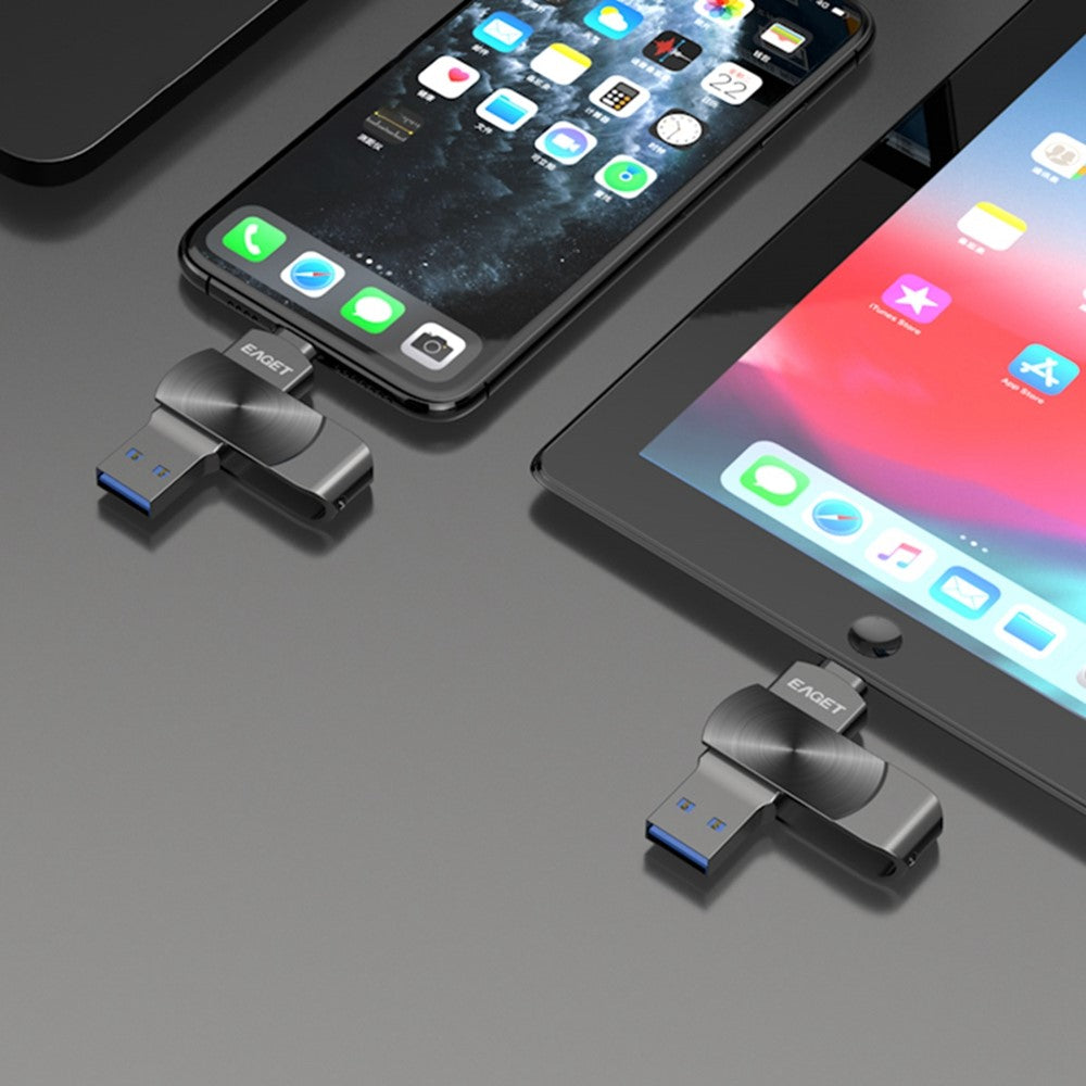 EAGET I66 128 GB U Disk MFI-certificeret Lightning + USB 3.2 Metalroterende Flashdrev til iPhone iPad Mac